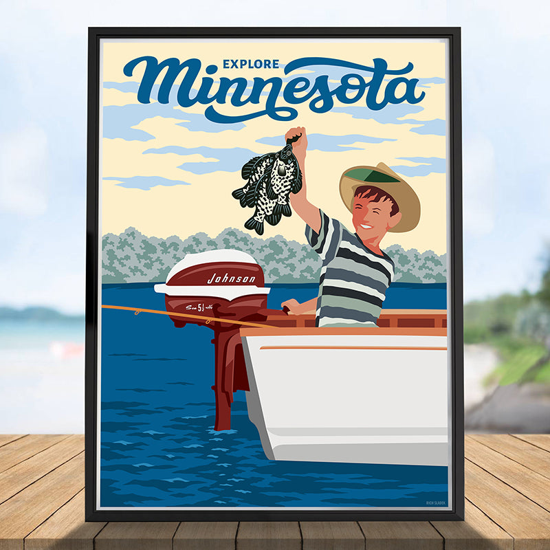Explore Minnesota, Vintage Fishing Poster by Rich Sladek (frame
