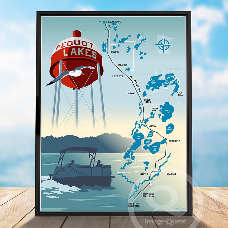Pequot Lakes Map, Minnesota, Poster by Rich Sladek (frame not included)