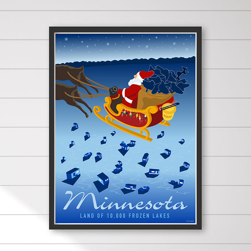 Santa Ice Fishing - Minnesota Poster by Rich Sladek (frame not included)